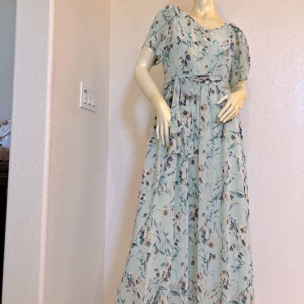 SHNN GUO GUO - Floral Print Belted Mint Maxi Dress - Size XL (Asian)
